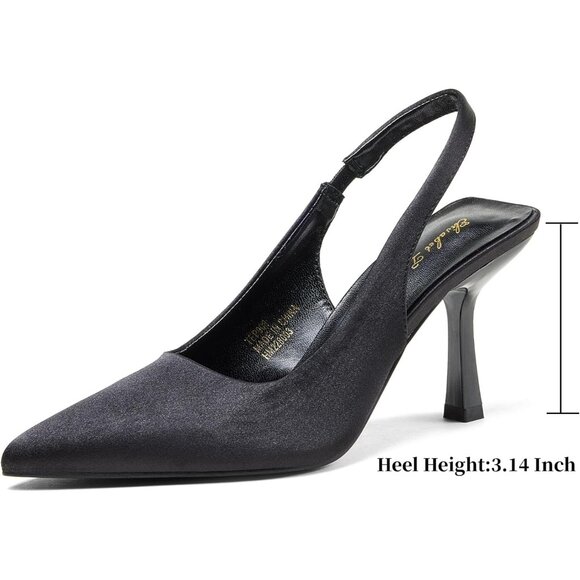 Women Black Satin Pointed Closed Toe mid Slingback Mid High Heels Stiletto Pumps - Picture 2 of 9
